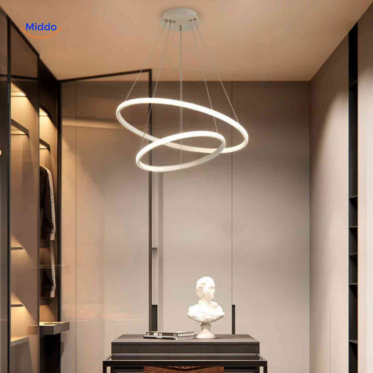 Modern dimmable halo ring chandelier with sleek two-ring LED design.