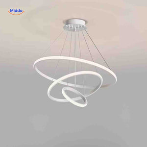 White contemporary halo ring pendant light with minimalist LED rings.