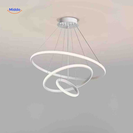 White contemporary halo ring pendant light with minimalist LED rings.