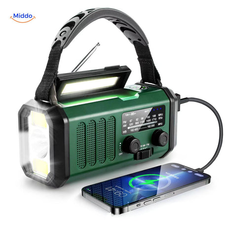 Hand-crank emergency radio with bright LED lamp and portable power bank function.