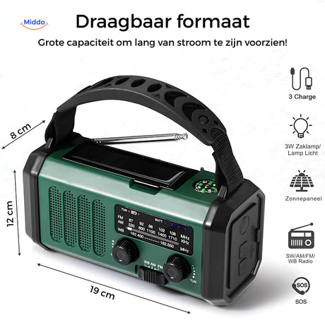 Compact hand-crank emergency radio designed for portable and lightweight carrying.