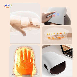 Features overview infographic showing all functions and usage of the heated hand massager