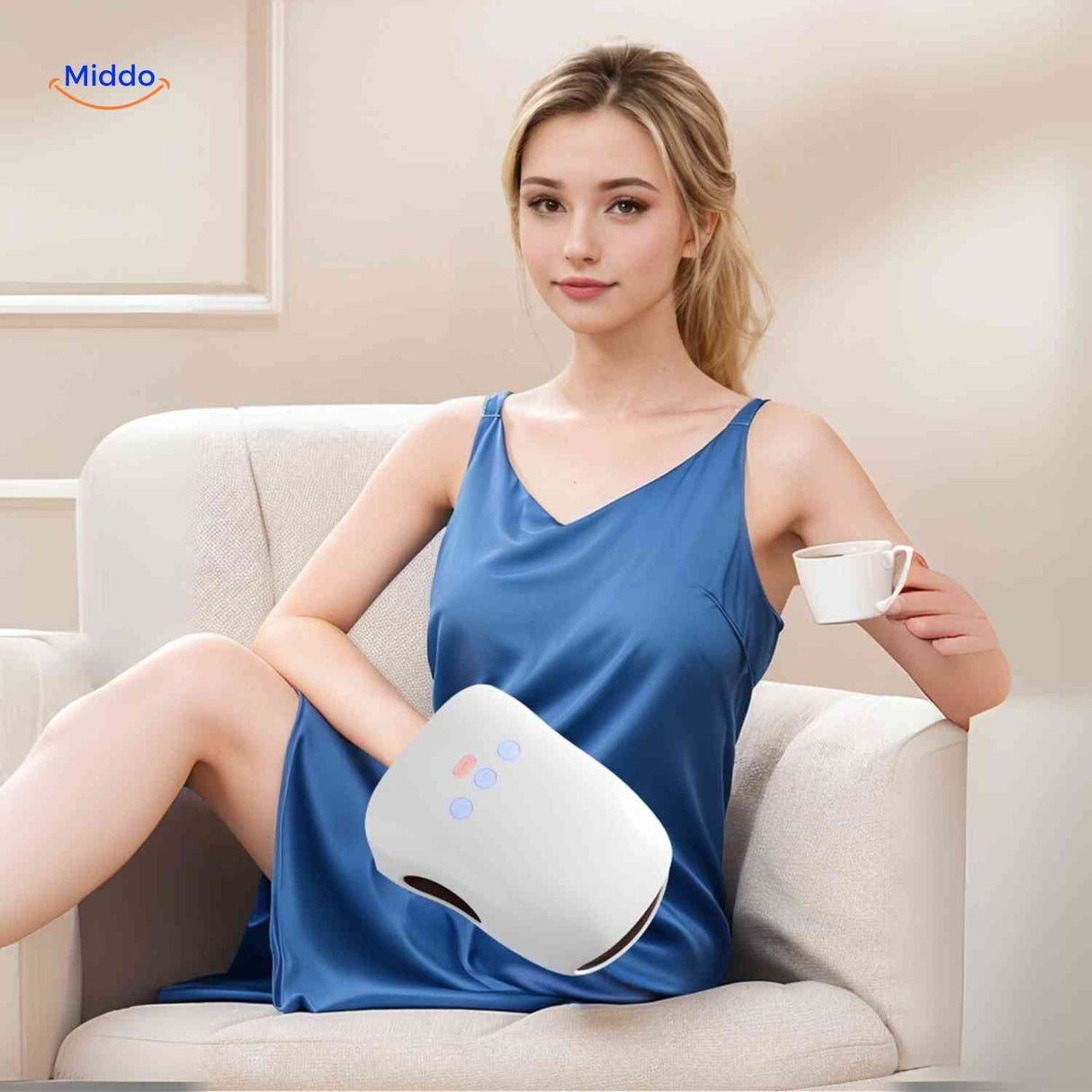 Air compression hand massager used comfortably while enjoying a cup of tea