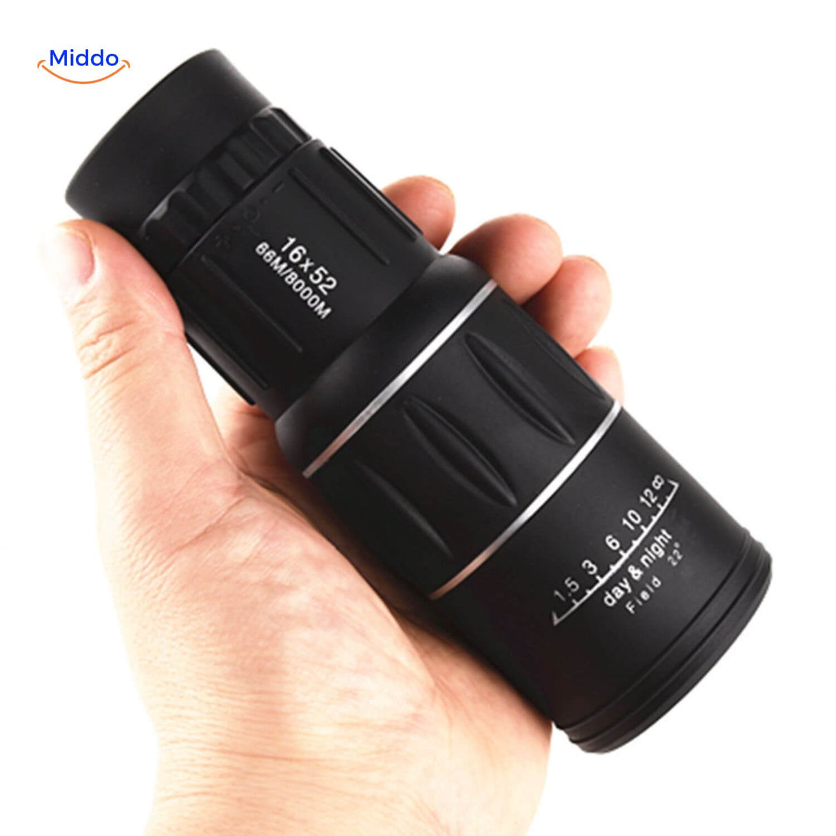 High magnification night vision scope held in hand for portable viewing.