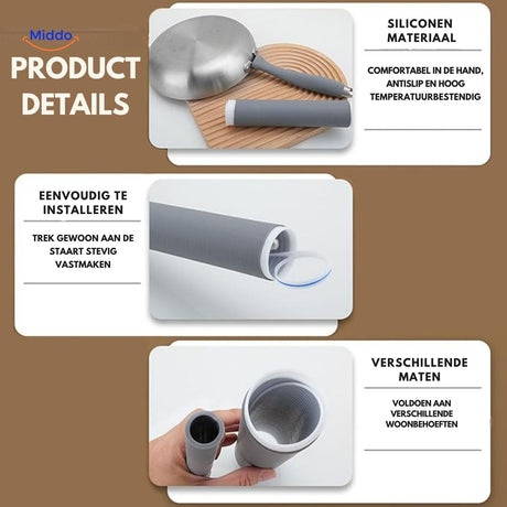 Product details and simple installation instructions for silicone handle protector.
