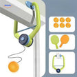 Hanging trainer mounted on door frame with colorful rackets and training balls.