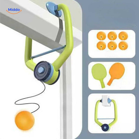 Hanging trainer mounted on door frame with colorful rackets and training balls.