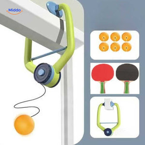 Door-mounted hanging trainer with rackets and balls ready for play.