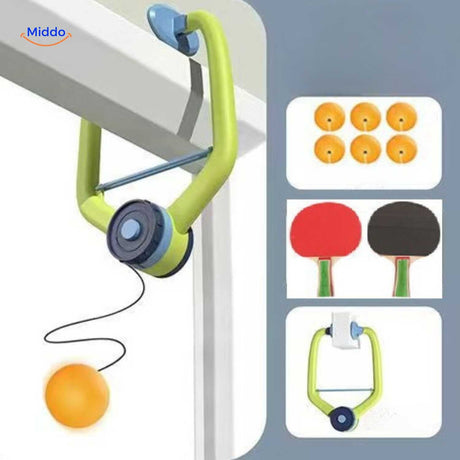 Door-mounted hanging trainer with rackets and balls ready for play.