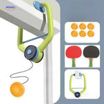 Door-mounted hanging trainer with rackets and balls ready for play.