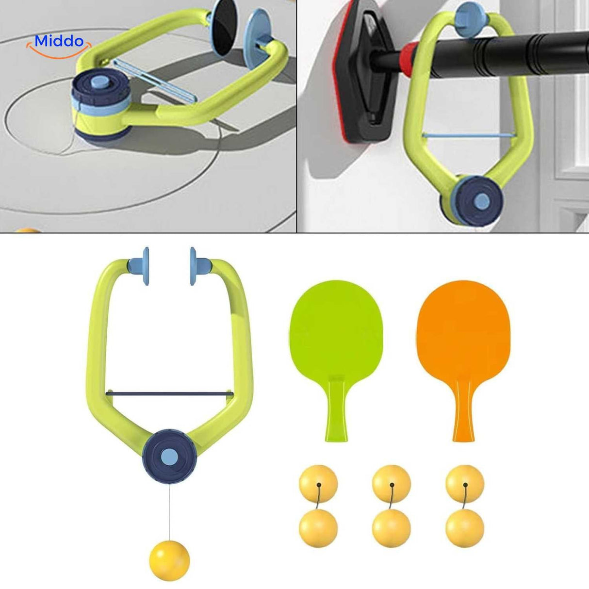 Hanging trainer positioned on elevated shelf with two paddles attached.