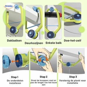 Hanging table tennis trainer set with paddles and ball for hand-eye coordination.