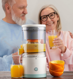 Satisfied customers enjoying fresh juice made with cordless electric juicer.