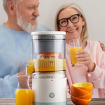 Satisfied customers enjoying fresh juice made with cordless electric juicer.