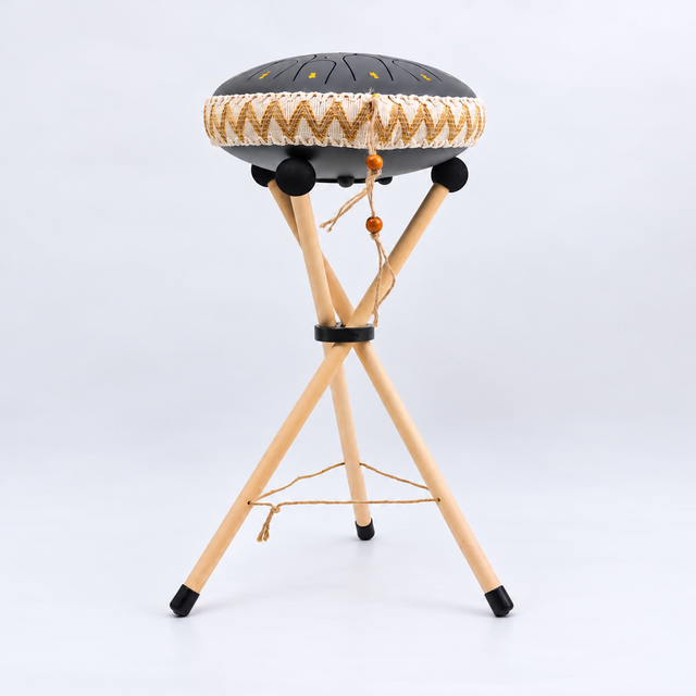 Harmonii KlankOase wooden stand shown with a large tongue drum for illustration, drum not included