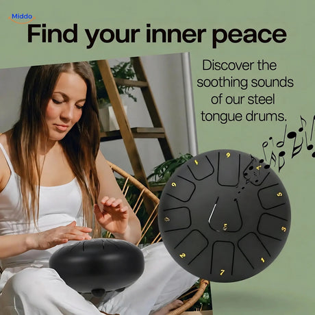 Woman playing a black Harmonii tongue drum with a close-up of its numbered notes.