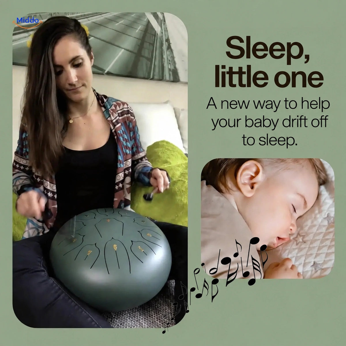 Woman playing a green steel tongue drum beside a photo of a sleeping baby.