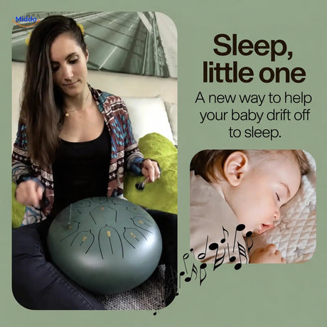 Woman playing a green steel tongue drum beside a photo of a sleeping baby.