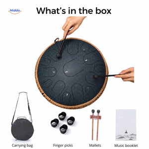 Harmonii steel tongue drum with carrying bag, finger picks, mallets and music booklet.