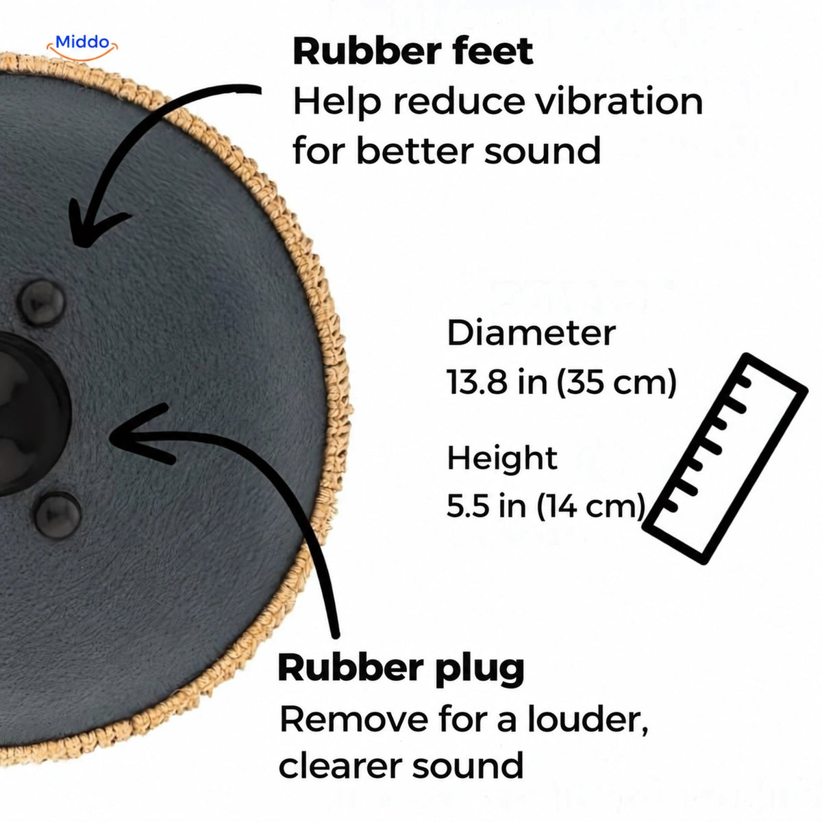 Underside of a Harmonii tongue drum showing rubber feet, removable plug and dimensions in inches and centimeters.