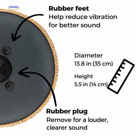 Underside of a Harmonii tongue drum showing rubber feet, removable plug and dimensions in inches and centimeters.