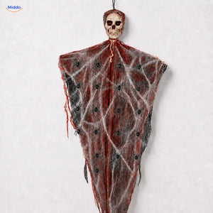 HauntCraft™ Gray Gauze Hanging Halloween Skull Ghost Decoration | For Spooky Scene Setups - Blood Gauze + Web & 20 Spiders