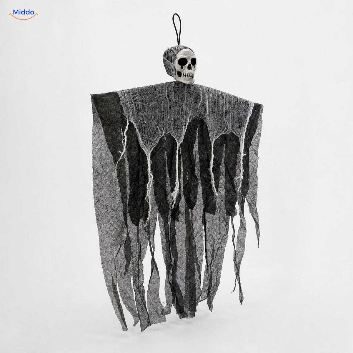 HauntCraft™ Gray Gauze Hanging Halloween Skull Ghost Decoration | For Spooky Scene Setups - Gray Gauze + Web & 20 Spiders