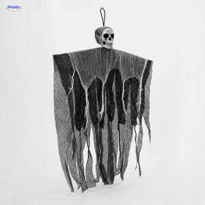 HauntCraft™ Gray Gauze Hanging Halloween Skull Ghost Decoration | For Spooky Scene Setups - Gray Gauze + Web & 20 Spiders