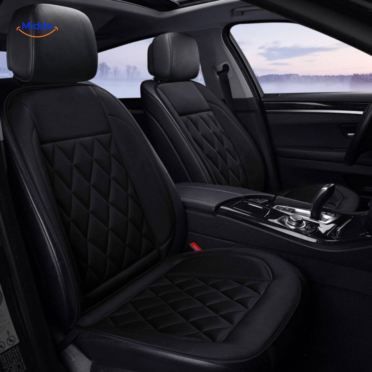 Heated car seat cushion installed in sporty vehicle interior, enhancing driver comfort.