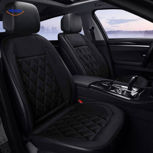 Heated car seat cushion installed in sporty vehicle interior, enhancing driver comfort.