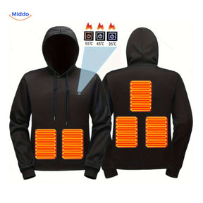 Black and gray heated hoodie with USB heat panels for warmth.