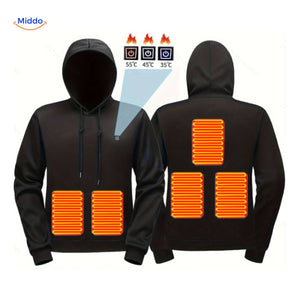 Black and gray heated hoodie with USB heat panels for warmth.
