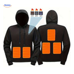 Black and gray heated hoodie with USB heat panels for warmth.
