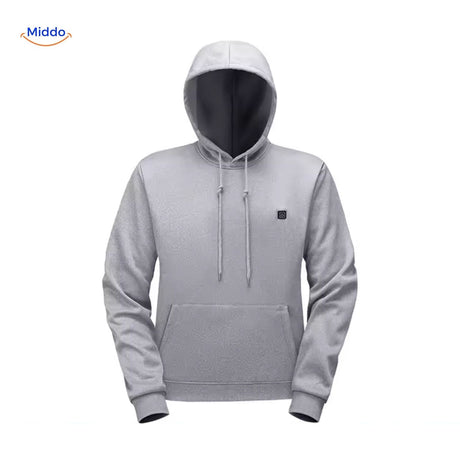 Black heated hoodie displaying integrated heating pads for ultimate warmth.