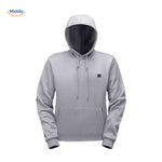 Black heated hoodie displaying integrated heating pads for ultimate warmth.