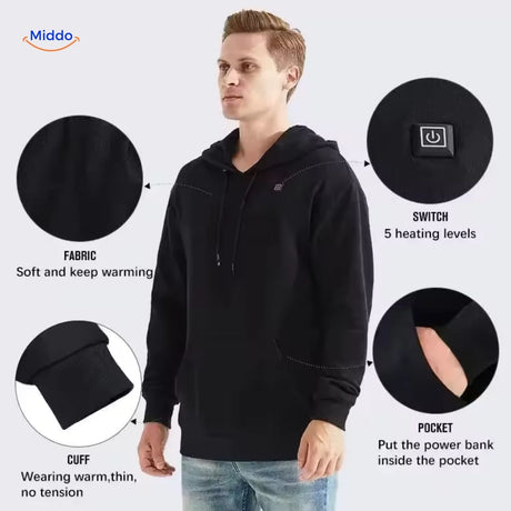Black heated hoodie featuring storage pocket and adjustable heating zones.