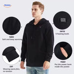 Black heated hoodie featuring storage pocket and adjustable heating zones.
