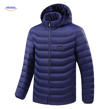 Blue heated hoodie designed for maximum winter comfort and style.
