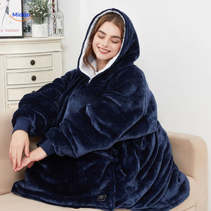 Dark blue USB heated hoodie worn to show comfortable all-day fit and coverage.