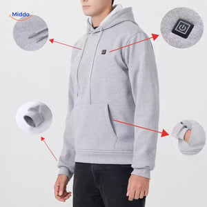 Close-up of gray heated hoodie showing heat panel construction details.
