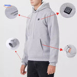 Close-up of gray heated hoodie showing heat panel construction details.