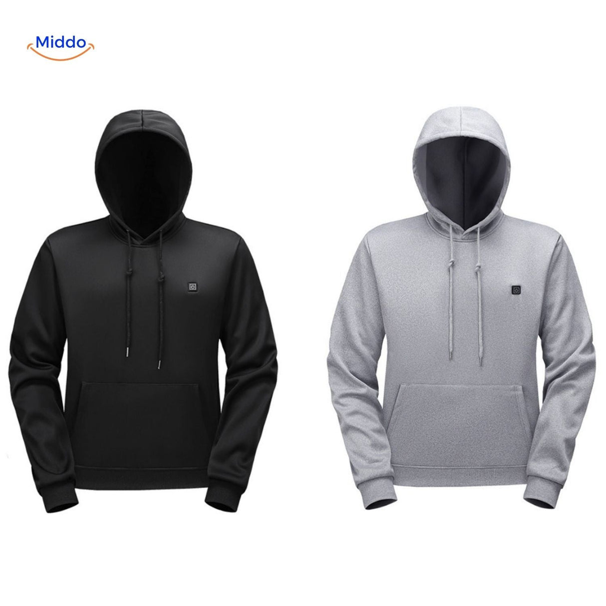 Gray heated hoodie with clean minimalist design and USB charging cable.