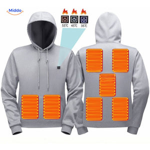 Gray heated hoodie with multiple heating zones for full-body warmth coverage.