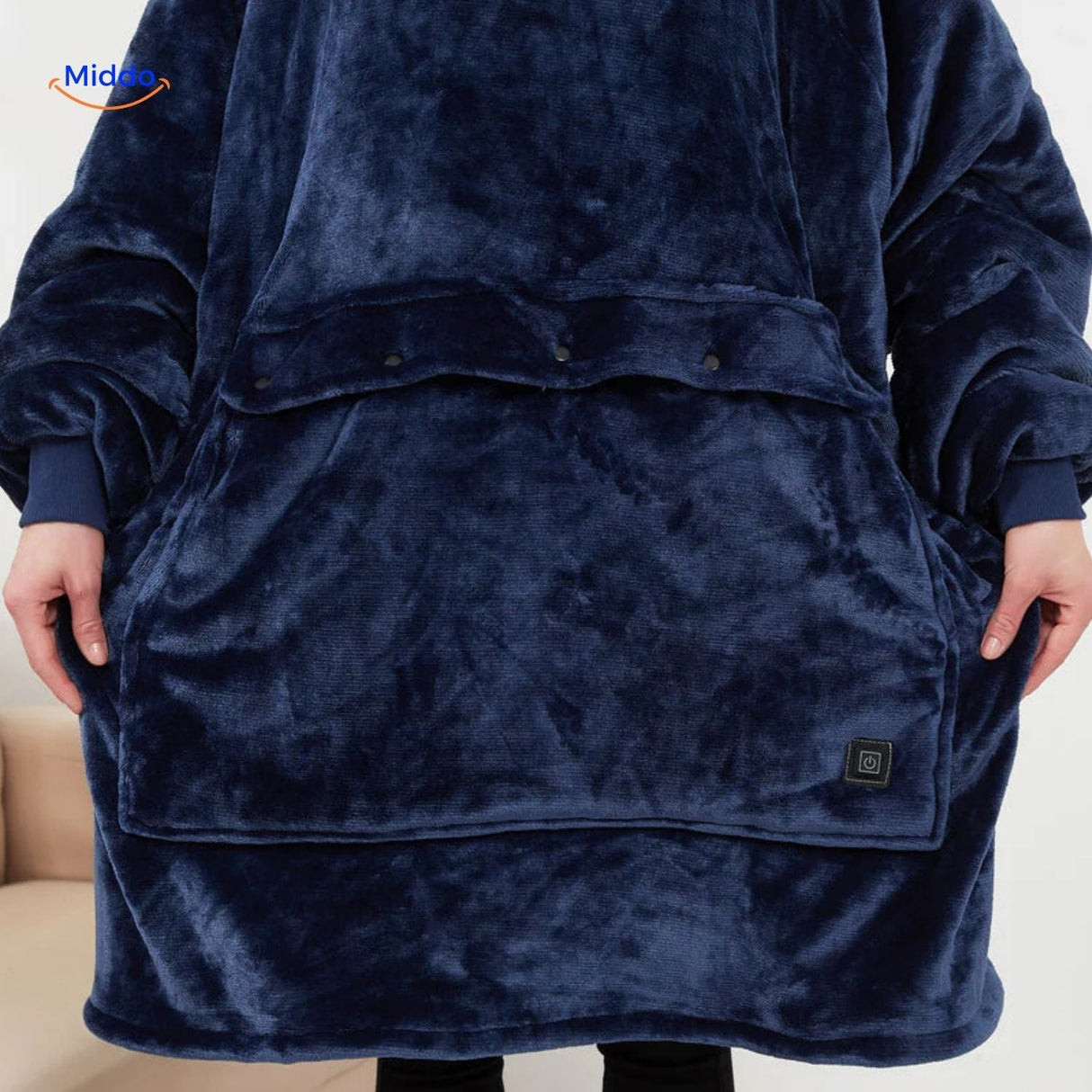 Blue heated hoodie featuring a spacious front kangaroo pocket for hands or accessories.