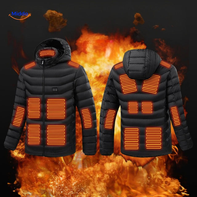 Heated hoodie in modern slim fit design, featuring sleek styling.