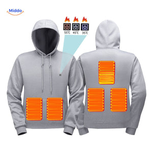 Heated hoodie with adjustable temperature settings and heated panel zones.