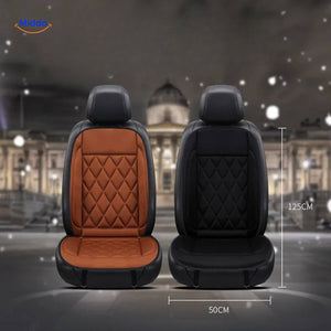 Heated car seat cushion with integrated headrest heating for neck and shoulder warmth.
