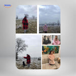 Heated sweater worn by couple in a snowy landscape, showcasing warmth in freezing conditions.