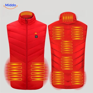 Red HeatGuard vest with 10 advanced heating zones for maximum warmth coverage.