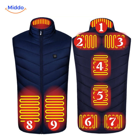 Blue HeatGuard vest with 8 heating zones for optimal warmth distribution.